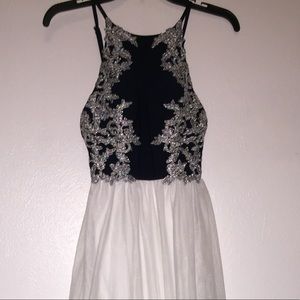 Prom dress full length navy blue,white,and silver
